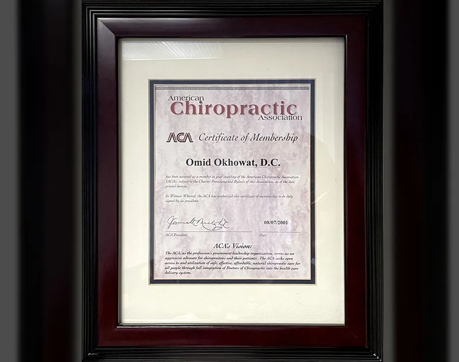 Framed American Chiropractic Association Certificate of Membership for Omid Okhowat, D.C.