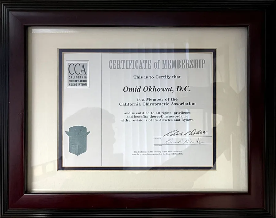 Framed California Chiropractic Association Certificate of Membership for Omid Okhowat, D.C.